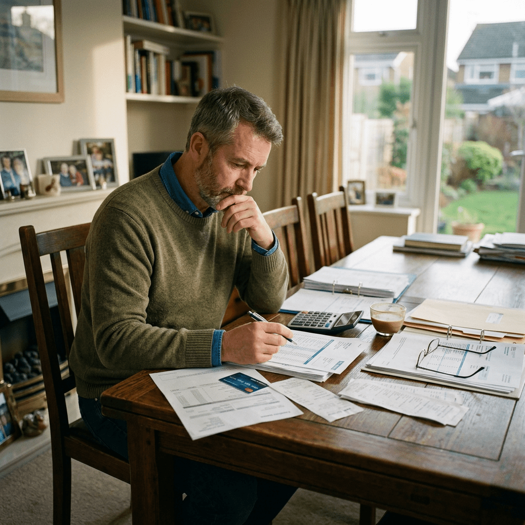 Man reviewing and writing on financial papers with calculator and credit card