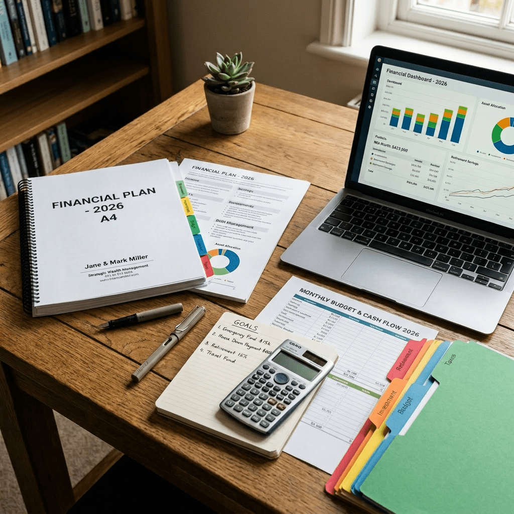 Financial plan documents, charts on laptop screen, calculator, and budget folders on wooden desk