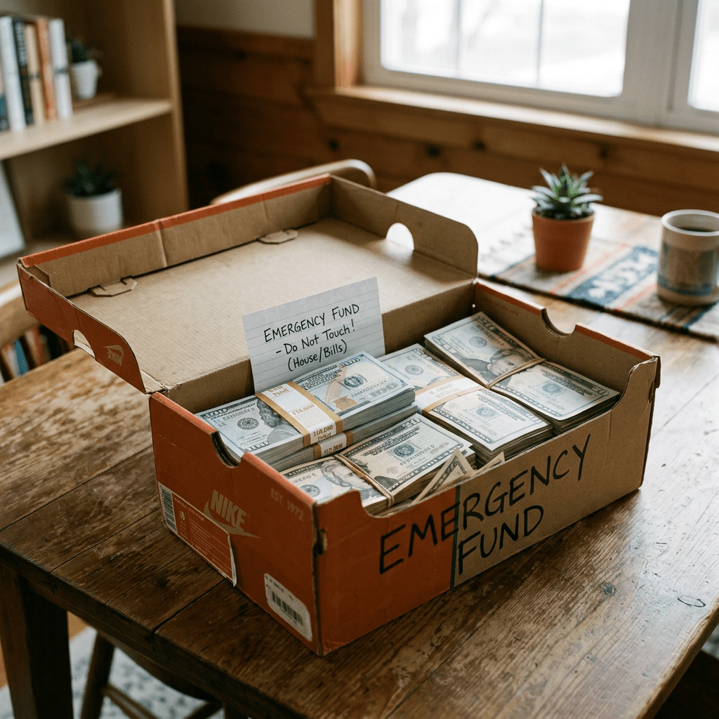 Shoebox containing stacked US dollar bills with emergency fund label