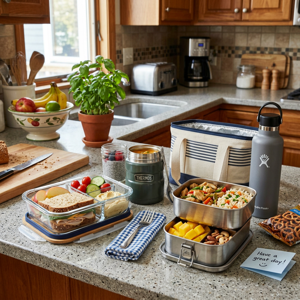 Packed lunch containers with sandwich, veggies, fruit, nuts, and drink on kitchen counter