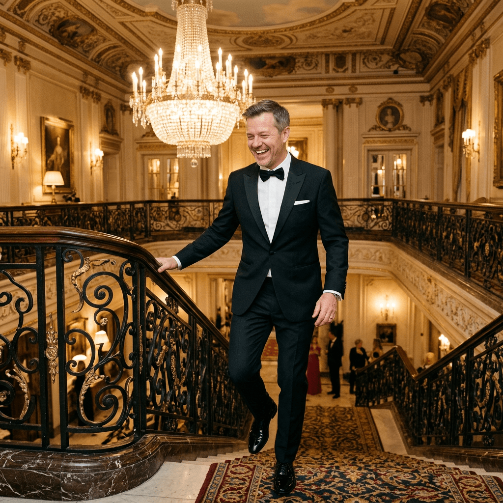 Man in black tuxedo ascending ornate staircase in luxurious venue