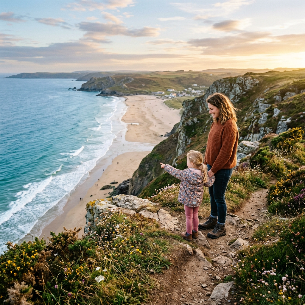 Mother and daughter standing on a cliff overlooking a beach and ocean at sunset